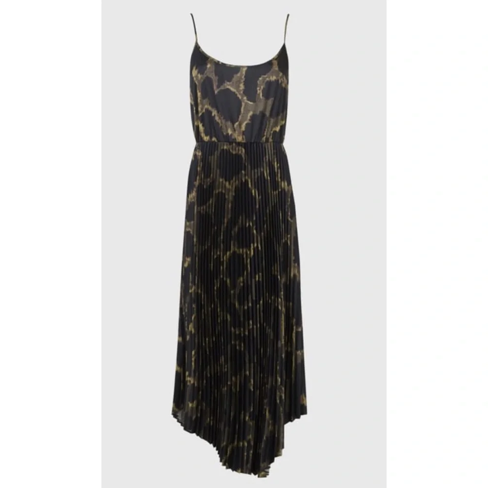Allsaints Cynthia Tabula Black Green Camo Pleated Midi Dress